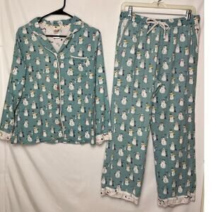 Munki Munki Women’s Medium Blue White Snowman Pajama Set Sleepwear Winter Cute